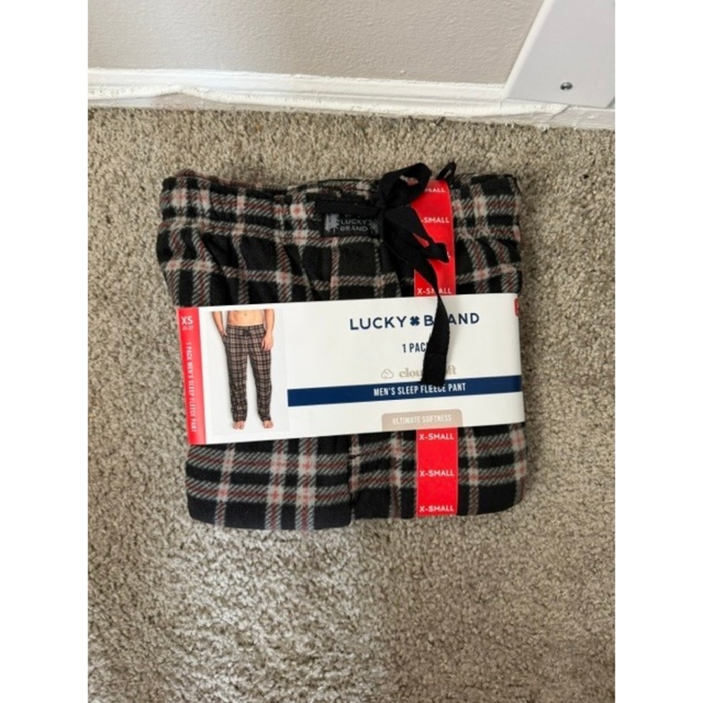 Lucky Brand Mens Cloud Soft Sleep Fleece Pants Plaid Pajama Bottoms XS Black Red